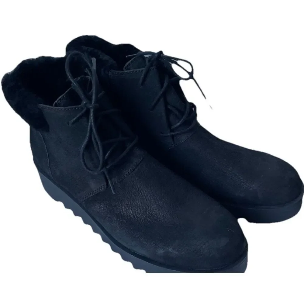 Eileen Fisher Kenille Genuine Shearling Trim Wedge Bootie Black New Size 10